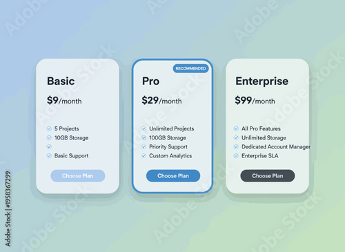 Three pricing plan cards for services displayed side by side on a gradient background