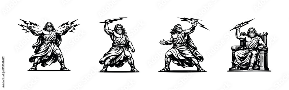 Obraz premium Ancient greek god zeus illustrations, mythological vector art, black and white silhouette collection