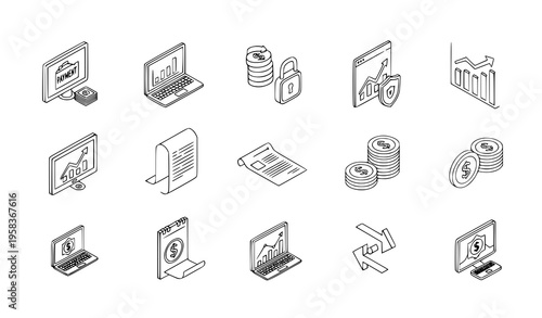 Isometric banking and finance line icons digital payment vector illustration