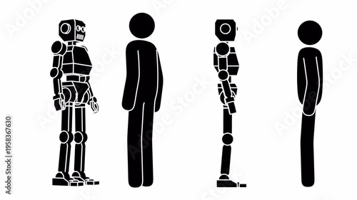 Pictogram robot and a human stickman shaking hands. Minimal black silhouette characters isolated on transparent background with alpha channel.