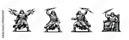 Ancient greek god zeus illustrations, mythological vector art, black and white silhouette collection
