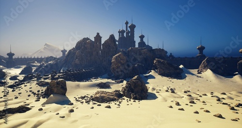 Cuadro en lienzo futuristic spires rising from alien dunes metallic towers and domes austere silh