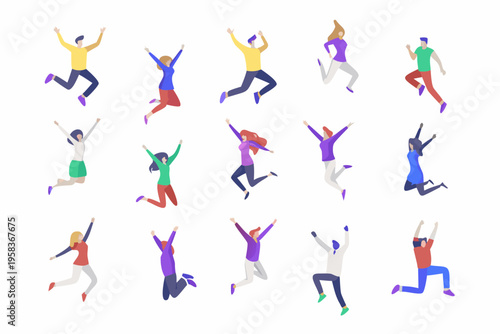 Isometric illustration of diverse people joyfully jumping and celebrating together