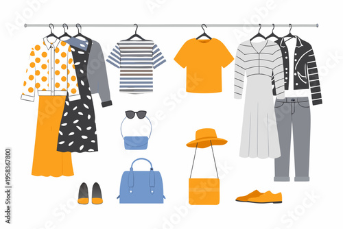 A colorful collection of clothing items displayed on a hanging rack