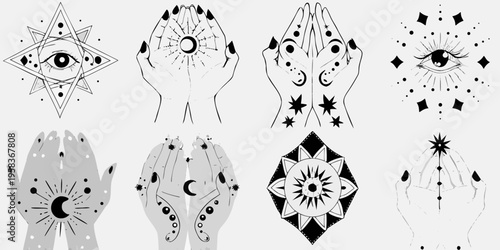Mystical hands and celestial symbols in a black and white illustration