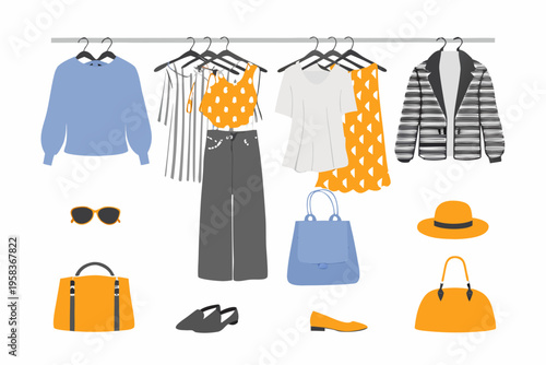 A colorful wardrobe display featuring various clothing items and accessories