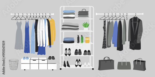 A minimalist clothing rack and dresser display a modern wardrobe collection