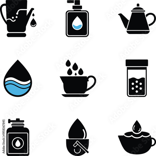 Professional vector icons of various liquid containers such as soap dispensers, teapots, oil bottles, and water drops.
