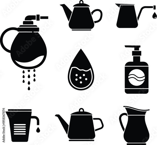 Set of flat black vector icons representing various liquid containers including teapots, water jugs, and soap dispenser.