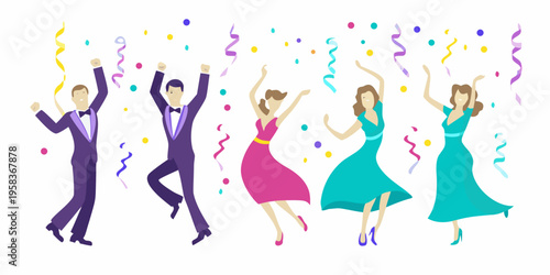 Celebratory group of people joyfully raising their arms in a festive scene