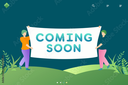 Illustration of people holding a banner announcing coming soon