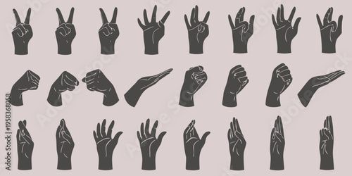 Collection of stylized black hand gestures arranged in multiple rows