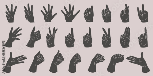Collection of diverse hand gestures in a minimalist monochromatic style