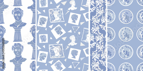 Blue and white repeating patterns of classical busts and foliage