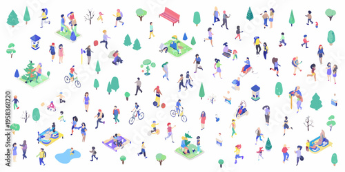 Isometric illustration depicting a diverse group of people in a park setting