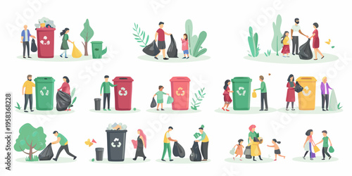 People participating in a community cleanup sorting waste and recycling