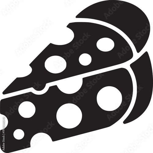 A black and white graphic illustration of a wedge of swiss cheese with circular holes in it design
