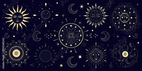 Celestial faces and cosmic symbols adorn a dark starry nightscape