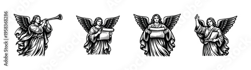Angel trumpet and scroll black and white illustrator vector silhouette set