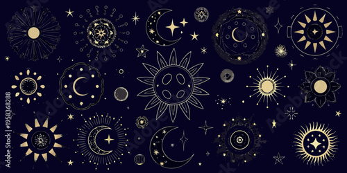 Celestial collection of moons stars and suns in a whimsical style