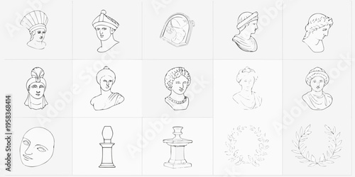 Collection of sketched ancient roman and greek busts ornaments and faces