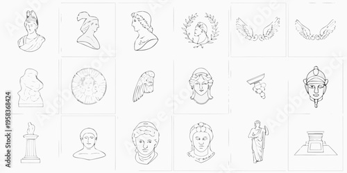 Collection of ancient greek sketches busts reliefs and decorative elements