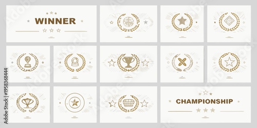 Collection of vintage style award badges and championship emblems in gold tones