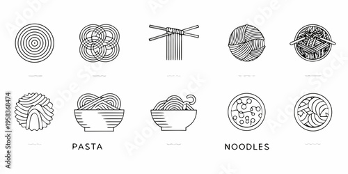 Various types of pasta and noodles illustrated in a minimalist line style