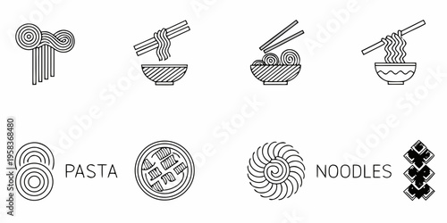 Line art illustrations depicting various noodle and pasta shapes and designs