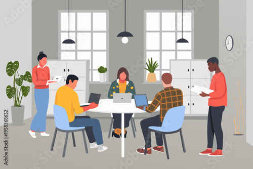 Diverse team collaborating in a modern brightly lit office meeting space