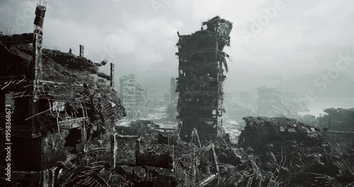 Foto ruined coastal tower amid rubble and fog, collapsed concrete, moss growth, overt