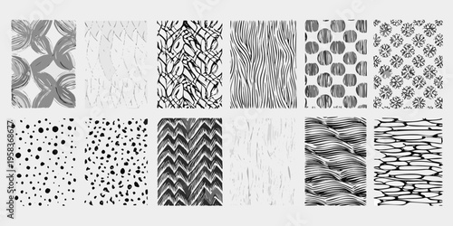 Collection of nine monochrome abstract textured pattern swatches