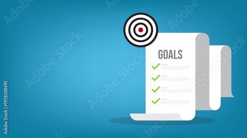 Business Goals Checklist Animation with Arrow Hitting Target Bullseye, Strategy Planning Loop, Success Achievement Concept, Marketing and Project Management Motion Background