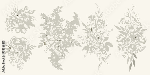 Delicate floral arrangements depicted as grayscale shadow silhouettes