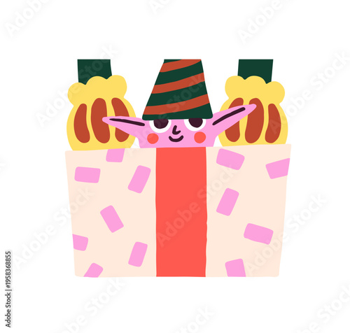 Cute Santa Claus's elf peeps out wrapped Christmas gift box. Funny character in party hat peek outside Xmas present. New Year surprise. Flat isolated vector illustration on white background