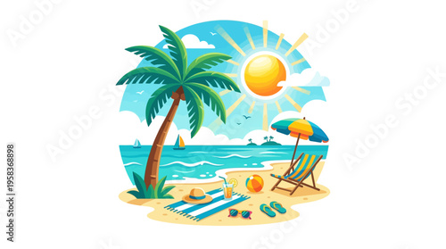 Tropical Beach Scene with Palm Tree and Lounge Chair.