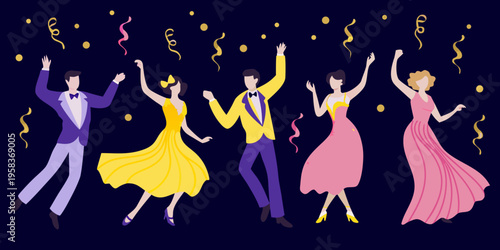 People celebrating and dancing with confetti in a vibrant festive scene