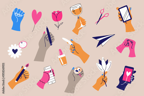 Diverse hands interacting with various objects in a colorful modern illustration