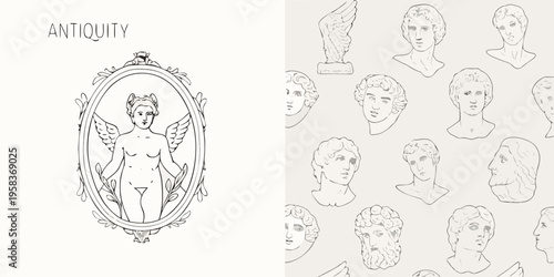 Antique style illustrations of classical sculptures and ornamental frame designs