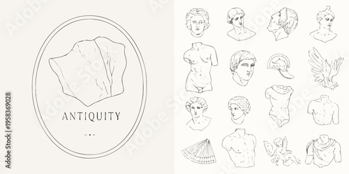 Sketch collection of classical sculptures and fragmented stone elements
