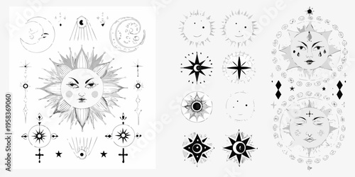 Celestial and solar illustrations moons stars and suns with human faces