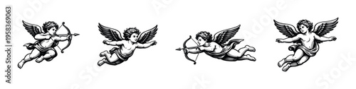 Vintage illustrations of flying cherubs with bows and arrows black and white vector clipart