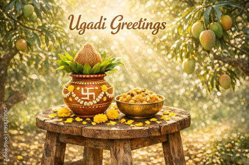 A sun-drenched outdoor scene in a blooming mango orchard. A rustic wooden stool holds a traditional Ugadi setup.