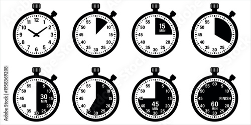 Clean and modern collection of stopwatch and timer clock faces in black and white, ideal for productivity apps, business presentations, fitness tracking, and educational materials.