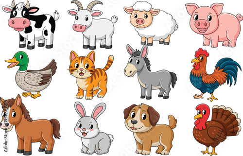 Cartoon illustration of various farm animals including a cow, pig, sheep, rooster, and more in playful poses