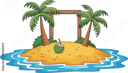 Cartoon illustration of a tropical island with palm trees, a coconut, and a wooden frame, surrounded by water