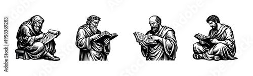 Historical scholars reading scrolls and books, black and white vector illustration, silhouette