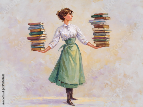 Young lady balancing stack books