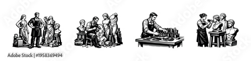 Vintage black and white illustration of sculptors and classical statues silhouette vectors