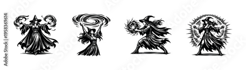 Black and white wizard silhouettes performing magic, vector illustration of magical characters, witchcraft theme